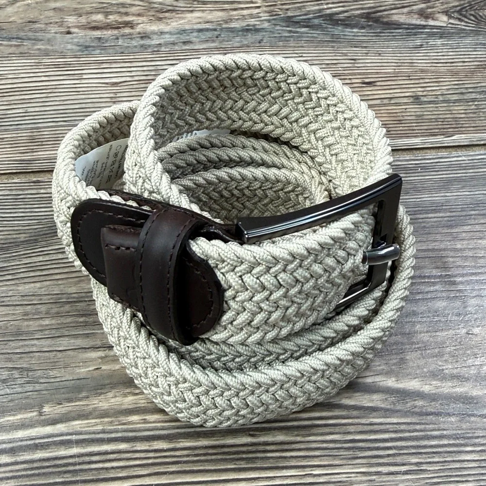 Collars‎ & Co Mens Size XXXL Woven Stretch Belt Beige Leather Trim Golf